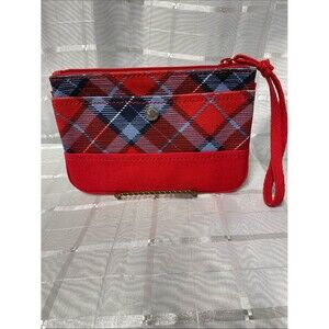 Lands' End Red Plaid Wristlet Clutch with Navy and Light Blue Accents